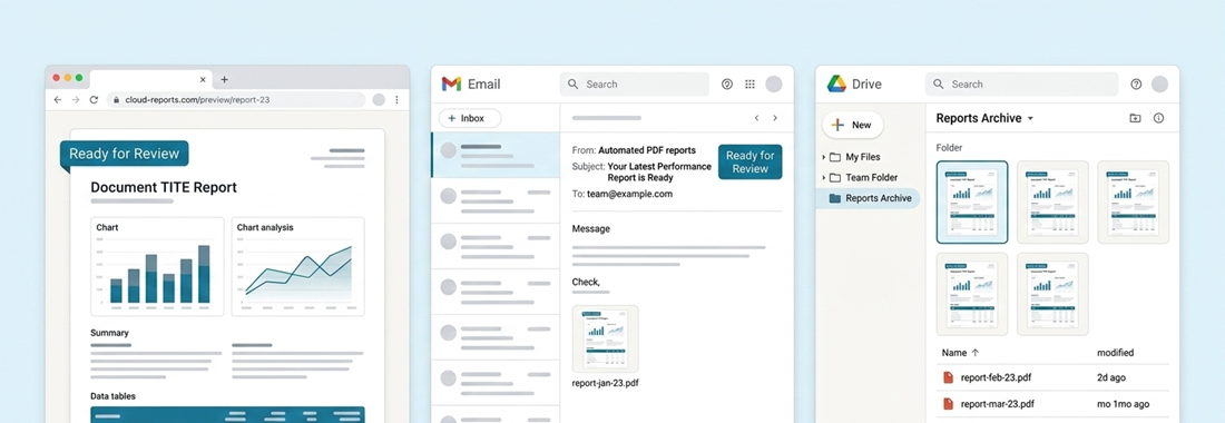 Report delivery: PDF in browser, email with attachment, cloud storage with organized report files